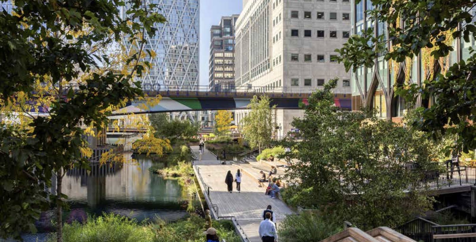 Trees, planting and a timber boardwalk beside the water at Canary Wharf, with office towers and a footbridge behind.
