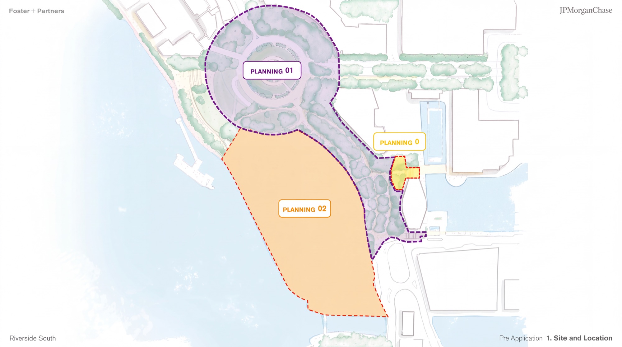 Illustrative plan of Riverside South showing the three areas labelled Planning 0, Planning 01 and Planning 02 around Westferry Circus and the waterfront.